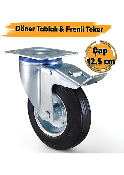 Frenli Oynak Döner Tablalı Sanayi Tipi 125X37.5 cm Teker Endüstriyel Siyah Burçlu Ağır Yük Tekeri