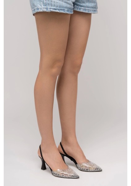 Siyah Günlük Arkası Açık Taşlı Topuklu Bayan Ayakkabı