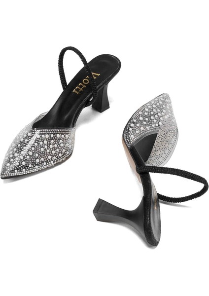 Siyah Günlük Arkası Açık Taşlı Topuklu Bayan Ayakkabı fırsatları