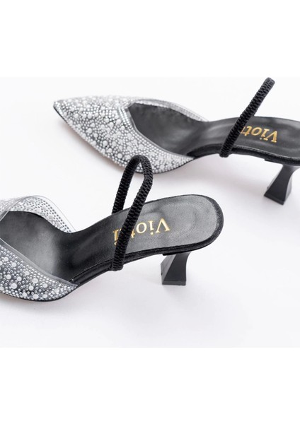 Siyah Günlük Arkası Açık Taşlı Topuklu Bayan Ayakkabı indirimleri