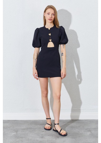 Kadın Siyah Karpuz Kollu Önü Düğmeli Mini Elbise