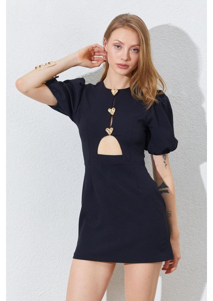 Kadın Siyah Karpuz Kollu Önü Düğmeli Mini Elbise fırsatları