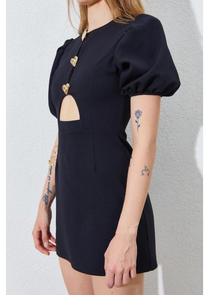 Kadın Siyah Karpuz Kollu Önü Düğmeli Mini Elbise indirimleri