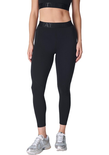Kadın Koşu Tayt Power 7/8 Elastic Waist Gym Leggings Siyah
