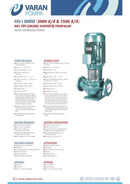 Varan Ces-I 40-16-03002 In-Line Döküm Santrifüj Pompa 4 Hp / 3 Kw, Trifaze 380 V, 32 Mss, 18 M3/h