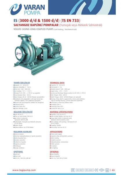 Varan Es 40-20-15002 Uçtan Emişli En 733 Santrifüj Pompa 20 Hp / 15 Kw, Trifaze 380 V, 66 Mss, 50 M3/h