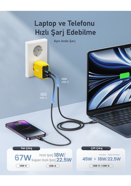 Magcube 2 Portlu Şarj Adaptörü, Gan+ 67W Hızlı Şarj Cihazı