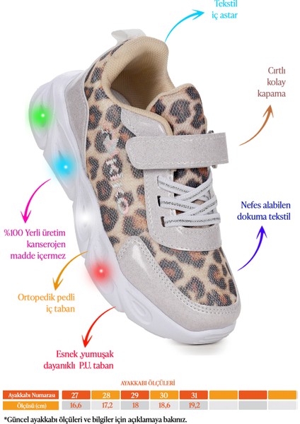 Teno Leopar Desenli Cırtlı Işıklı Kız Çocuk Spor Ayakkabı fiyatları