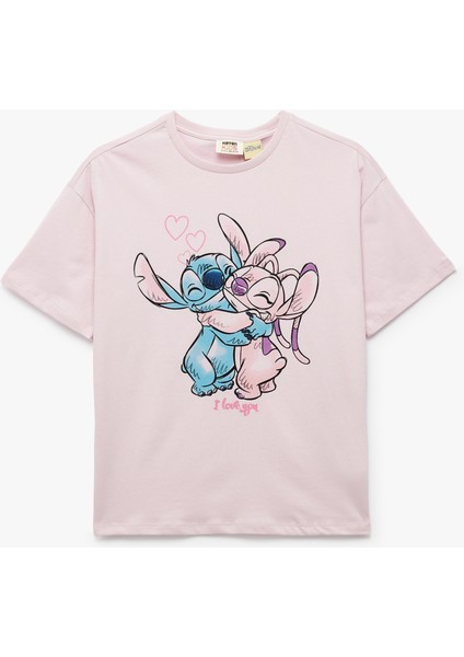 Pamuklu Lisanslı Stitch Baskılı Bisiklet Yaka Kısa Kollu Tişört