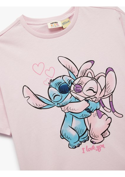 Pamuklu Lisanslı Stitch Baskılı Bisiklet Yaka Kısa Kollu Tişört