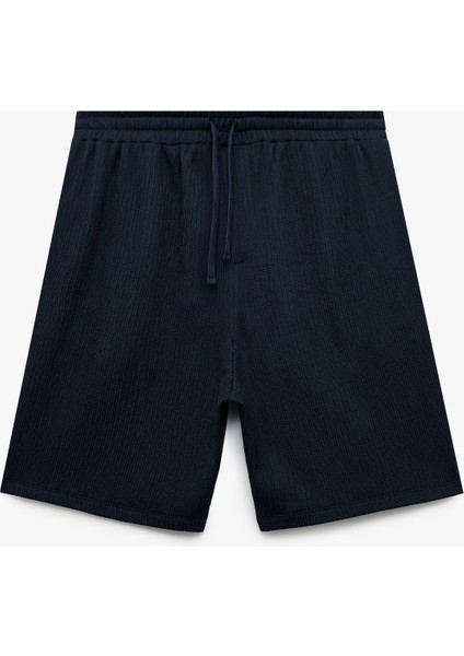 Cep Detaylı Dokulu Beli Bağcıklı Şort