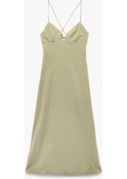 Keten Karışımlı Çan Kesim Kalp Yaka Ince Askılı Uzun Elbise