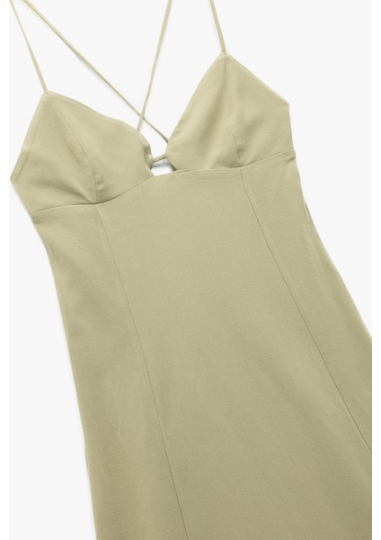 Keten Karışımlı Çan Kesim Kalp Yaka Ince Askılı Uzun Elbise modelleri