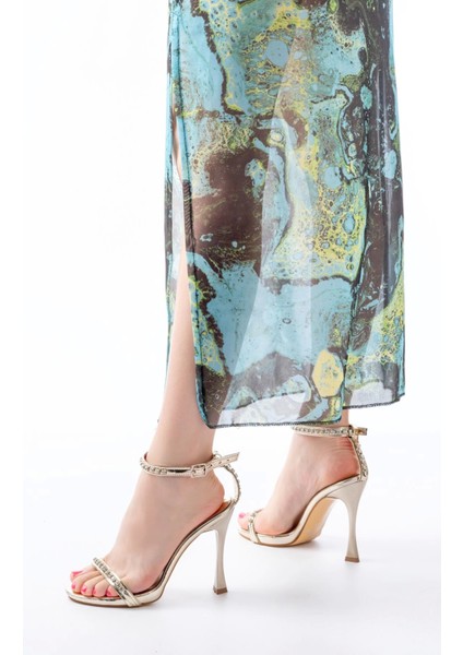 Gümüş Taş Aksesuarlı Platformlu Topuklu Kadın Terlik modelleri