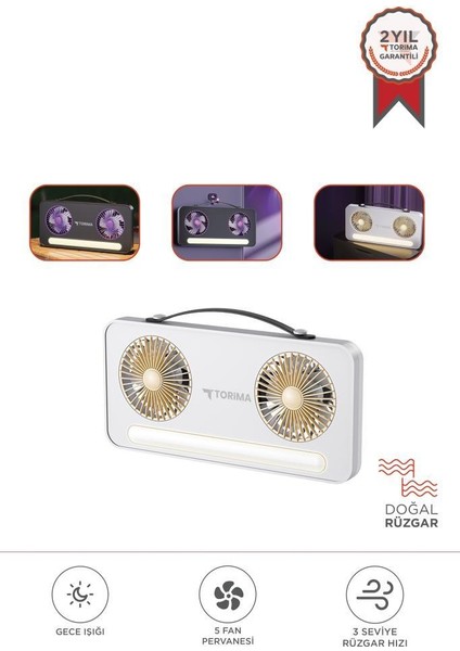 F-23 Beyaz LED Işıklı Çift Fanlı Mini Masaüstü Vantilatör | 1200MAH Şarjlı, Type-C Girişli, Taşınabilir Fan
