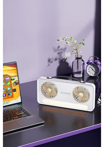 F-23 Beyaz LED Işıklı Çift Fanlı Mini Masaüstü Vantilatör | 1200MAH Şarjlı, Type-C Girişli, Taşınabilir Fan