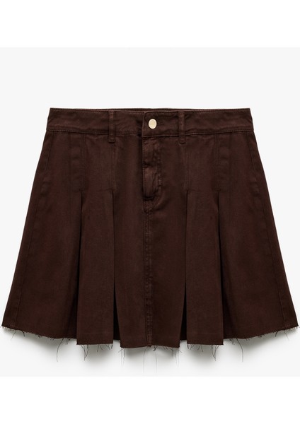 Pamuklu Kalın Pileli Düğmeli Mini Denim Etek