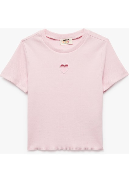 Pamuklu Kalp Detaylı Kısa Kollu Bisiklet Yaka Basic Crop Tişört
