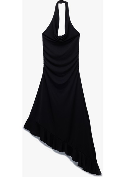 Degaje Yaka Asimetrik Kolsuz Midi Elbise