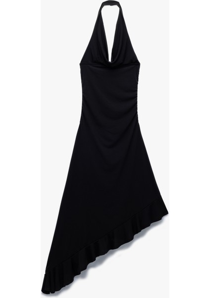 Degaje Yaka Asimetrik Kolsuz Midi Elbise fiyatları