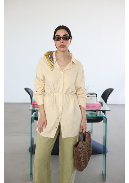 Keten Dokulu Oversize Gömlek