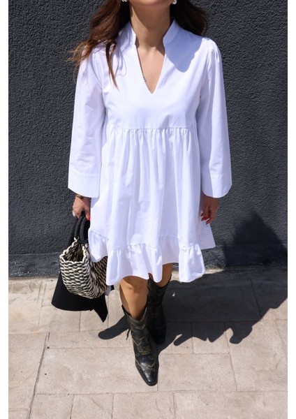 Eteği Volanlı V Yaka Poplin Elbise fiyatları