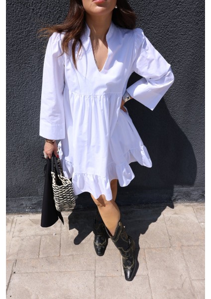 Eteği Volanlı V Yaka Poplin Elbise modelleri