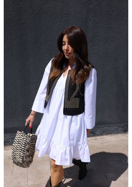 Eteği Volanlı V Yaka Poplin Elbise indirimleri