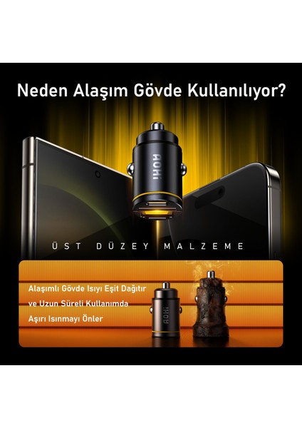 Superauto Araç Içi Şarjı, 2 Portlu Pd 45W Type-C ve Usb-A Girişli, 30W Hızlı Şarj Çakmaklık Adaptörü, Siyah