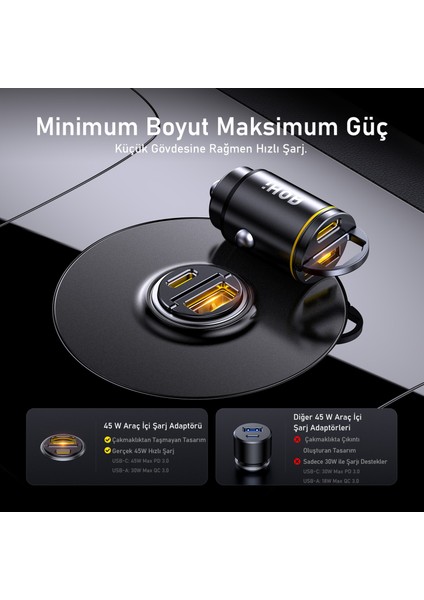 Superauto Araç Içi Şarjı, 2 Portlu Pd 45W Type-C ve Usb-A Girişli, 30W Hızlı Şarj Çakmaklık Adaptörü, Siyah