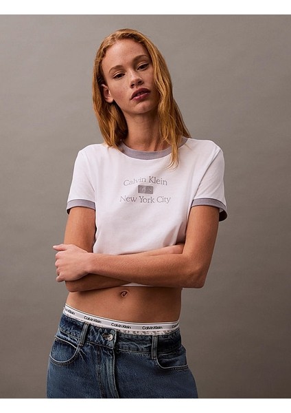 Cropped Logo Ringer Kadın Beyaz T-Shirt LV047B808G-VVC
