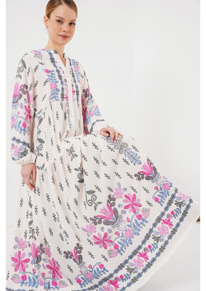 2423 Otantik Desenli Tesettür Elbise - C. Pembe
