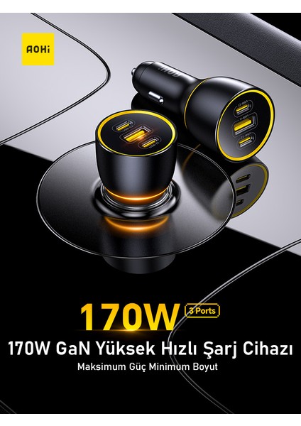 Superauto Araç Içi Şarjı, 3 Portlu Pd 170W Type-C ve Usb-A Girişli, Hızlı Şarj Çakmaklık Adaptörü, Siyah