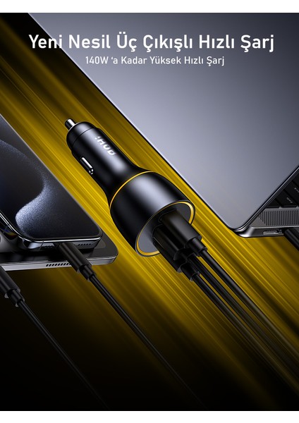 Superauto Araç Içi Şarjı, 3 Portlu Pd 170W Type-C ve Usb-A Girişli, Hızlı Şarj Çakmaklık Adaptörü, Siyah