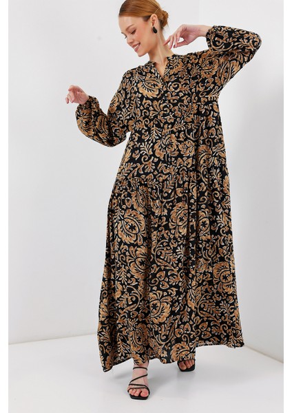 2423 Otantik Desenli Tesettür Elbise - SIYAH10