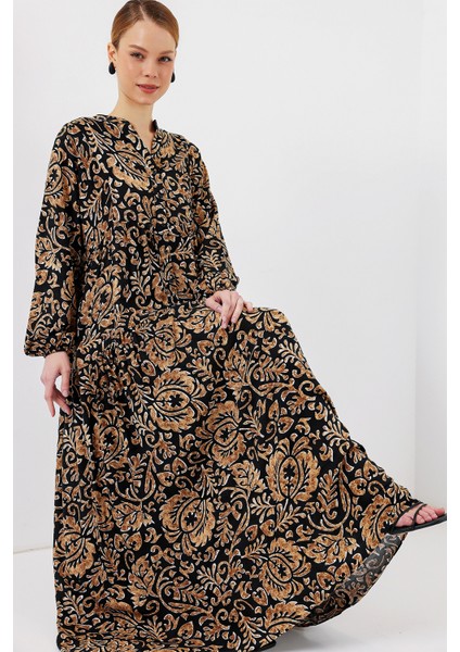 2423 Otantik Desenli Tesettür Elbise - SIYAH10 fiyatları