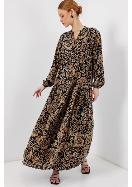 2423 Otantik Desenli Tesettür Elbise - SIYAH10 fırsatları