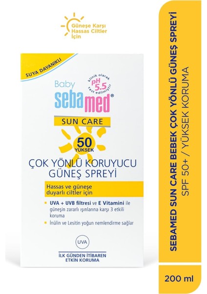 Baby %98 UVA Korumalı UVB Filtreli Çok Yönlü Koruyucu Çocuk Güneş Spreyi 50 SPF 200 ml