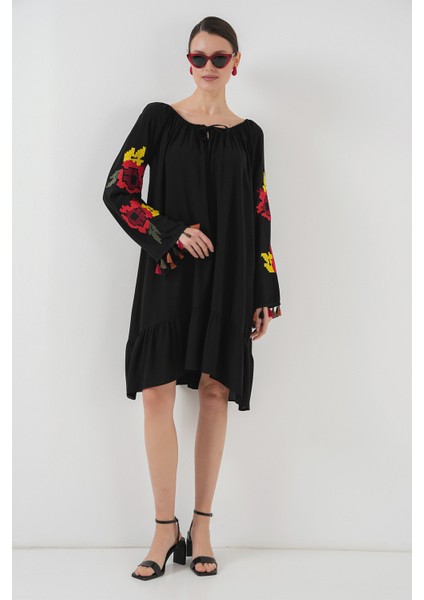 Nakışlı Midi Elbise 2531 - Siyah fiyatları