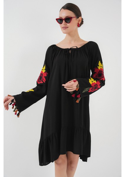 Nakışlı Midi Elbise 2531 - Siyah modelleri