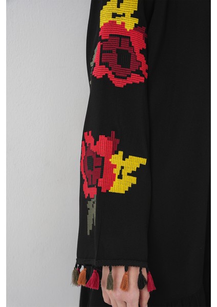 Nakışlı Midi Elbise 2531 - Siyah fırsatları