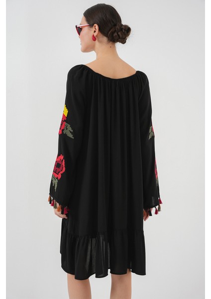 Nakışlı Midi Elbise 2531 - Siyah indirimleri