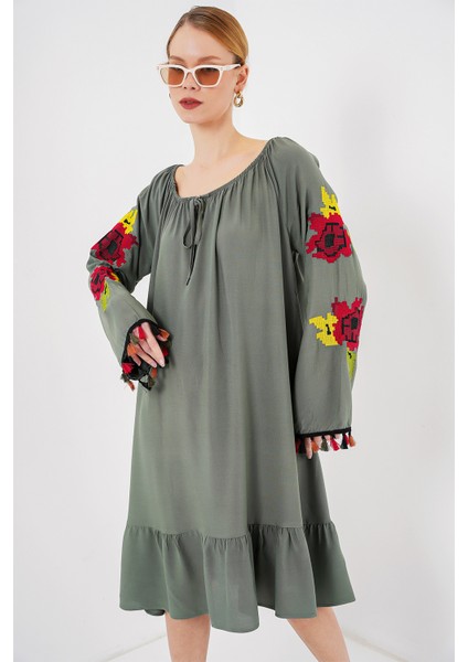 Nakışlı Midi Elbise 2531 - Haki