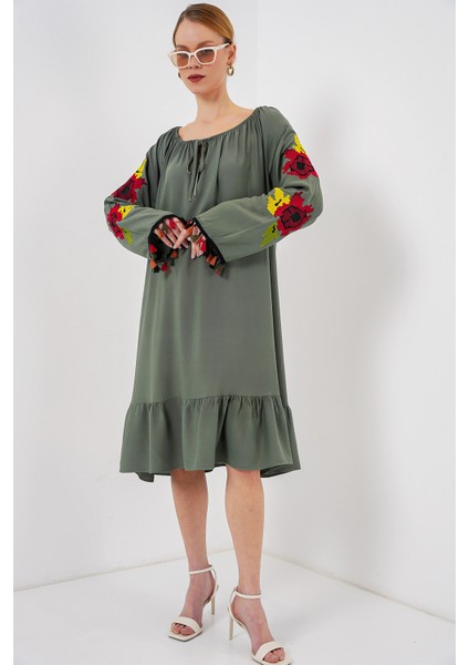 Nakışlı Midi Elbise 2531 - Haki fiyatları