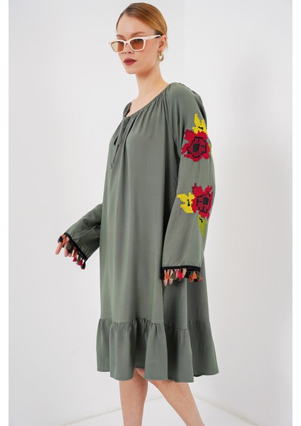 Nakışlı Midi Elbise 2531 - Haki modelleri