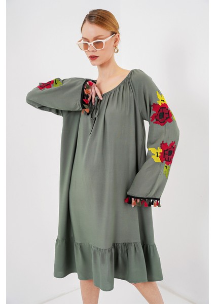 Nakışlı Midi Elbise 2531 - Haki fırsatları