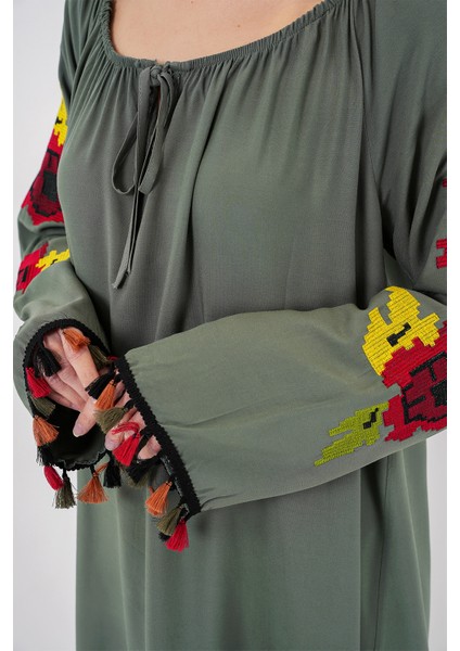 Nakışlı Midi Elbise 2531 - Haki indirimleri