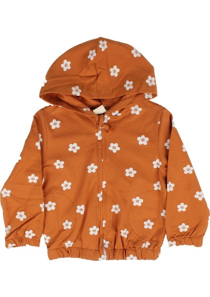 Kız Çocuk Turuncu Papatya Desenli Kapşonlu Hırka - 1015624