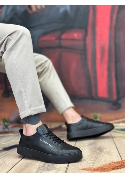 ET104 Yüksek Siyah Cilt Siyah Taban Bağcıklı Erkek Ayakkabı