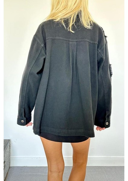 Siyah Gabardin Arma Detaylı Gömlek Ceket